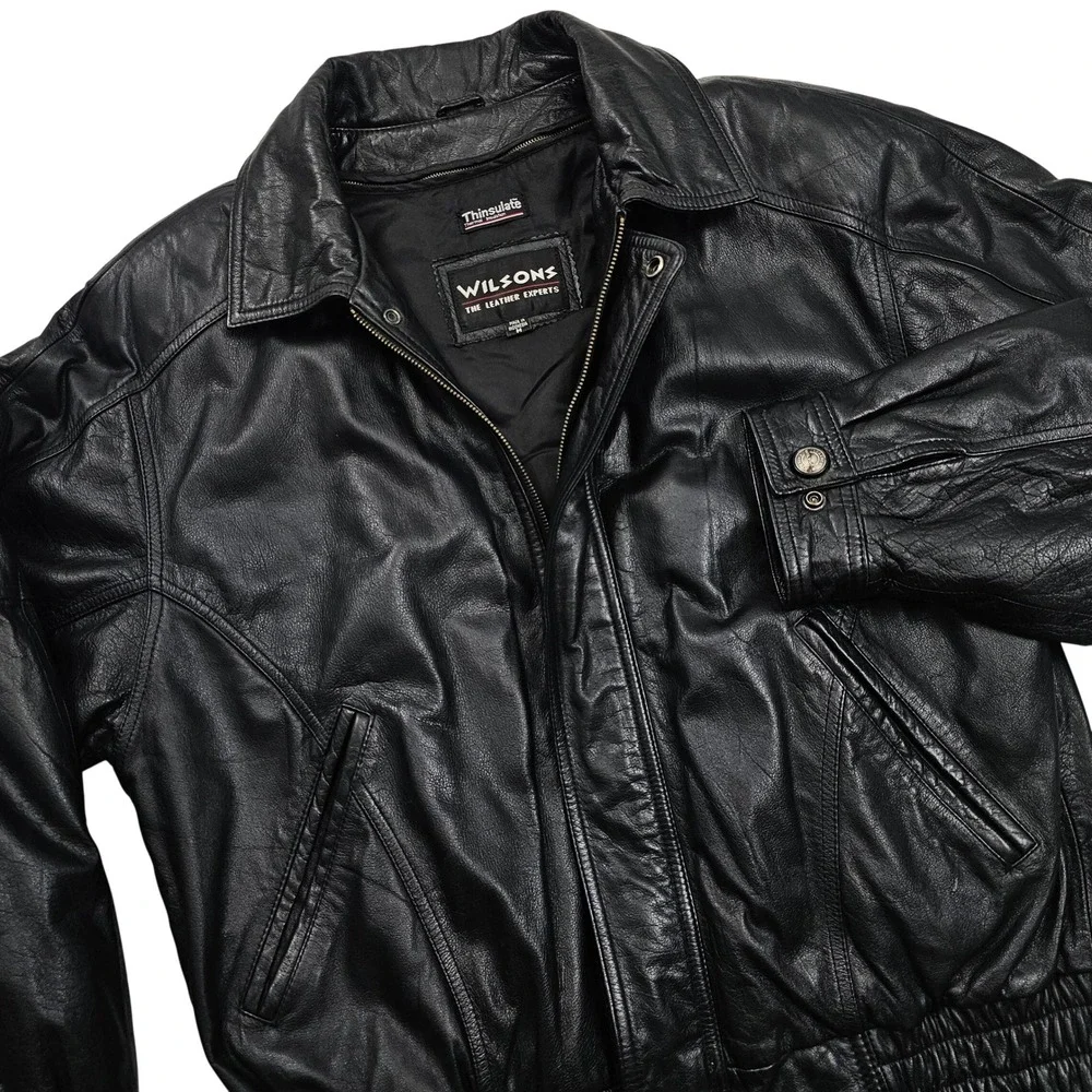 Wilsons Leather Bomber Jacket Mens Medium Black Thinsulate Padded Vintage Biker